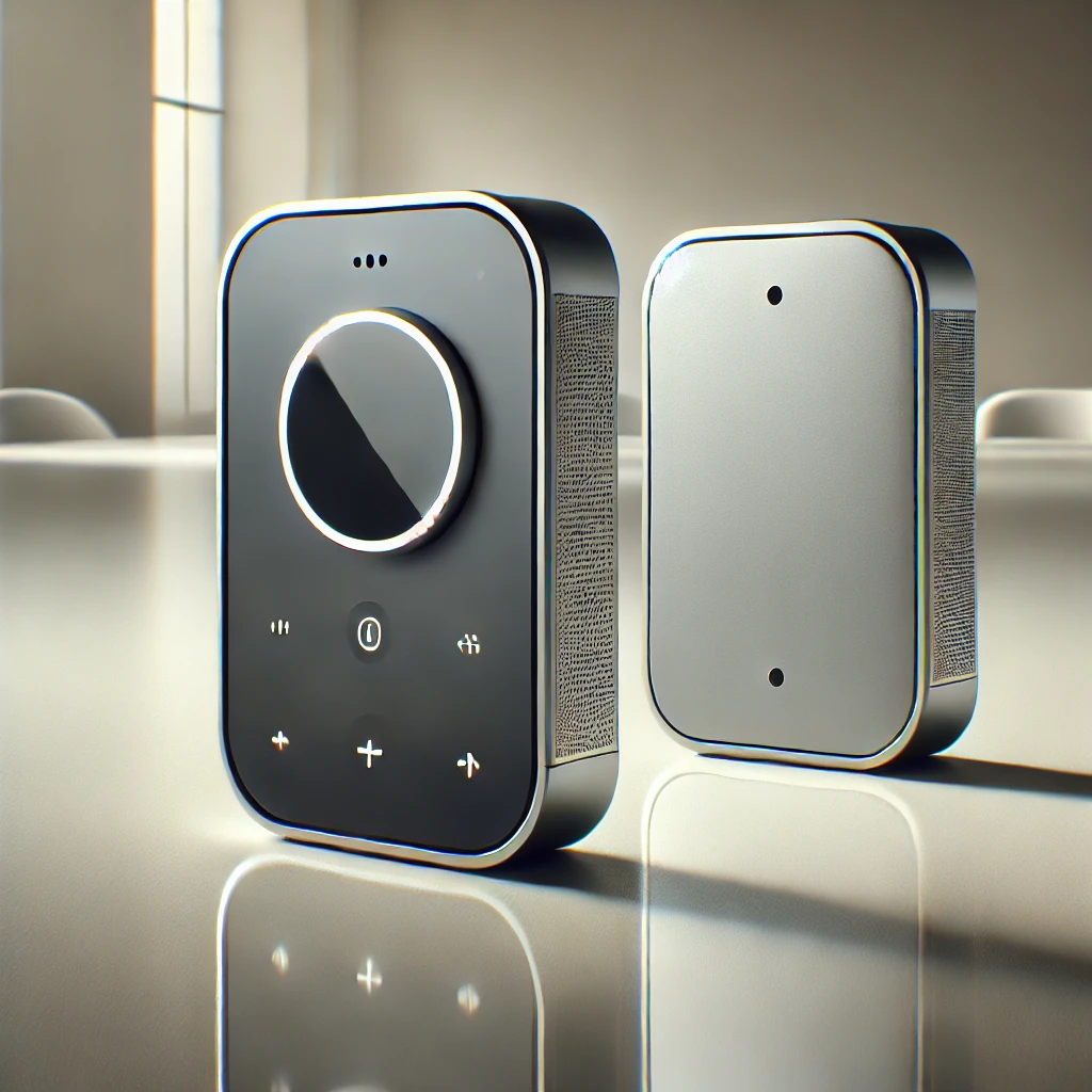 DALL·E 2024-08-15 20.26.37 – A prototype product displayed on a clean, modern surface in a minimalistic setting. The product is a sleek, compact gadget with a futuristic design, f